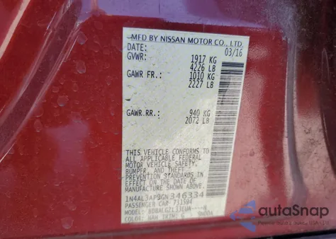 2016 Nissan Altima 2.5 from USA, damaged, VIN 1N4AL3AP9GN346334